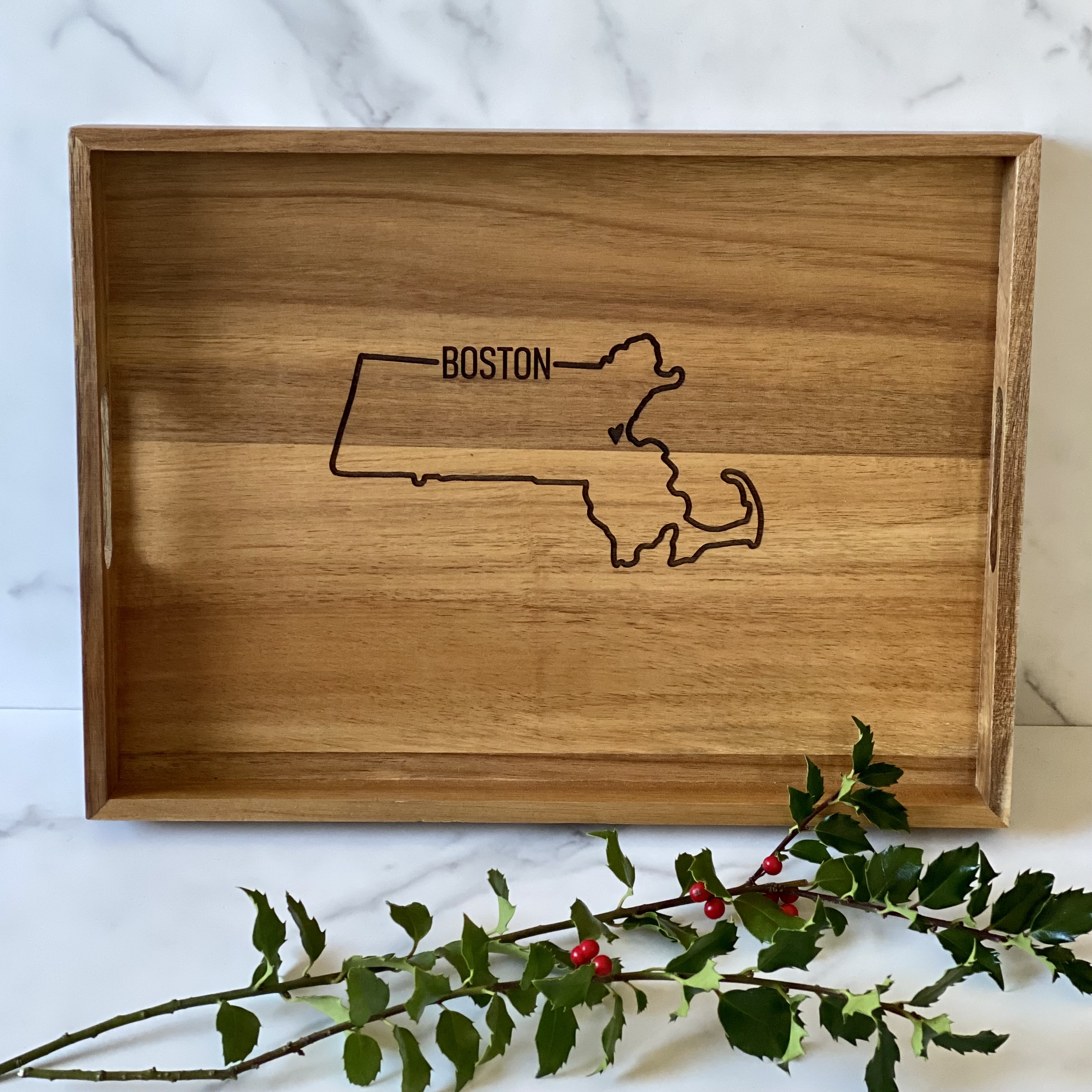 Wooden tray engraved with Massachusetts state outline and Boston